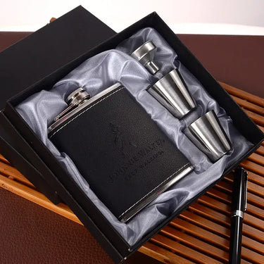 Stainless steel hip flask set with two shot glasses in a gift box, perfect for whiskey lovers.