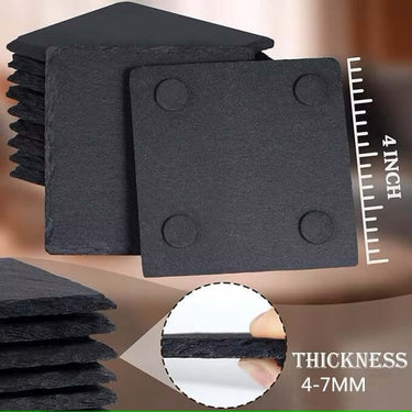 Black slate 4-inch coasters with non-slip tabs and rough-cut edges, showcasing thickness range of 4-7mm.