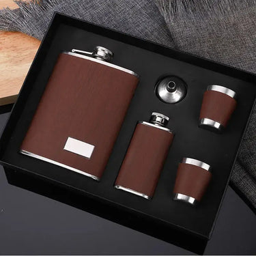 Elegant brown stainless steel hip flask set in a gift box with two shot glasses and a funnel. Perfect for on-the-go enjoyment.