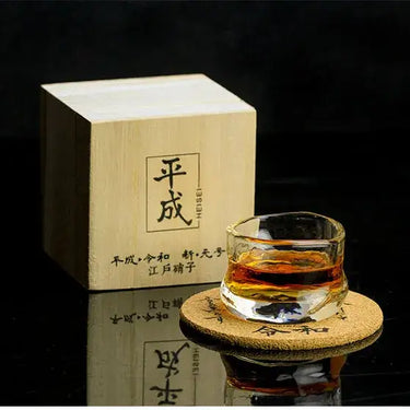 Limited Collection Japanese Edo Glass 65ml in wooden box, showcasing exquisite handmade craftsmanship on black background