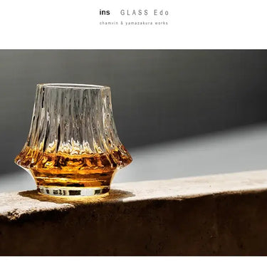 Handmade Flame Mount Fuji Edo glass by Liu Siyu, showcasing Japanese artistry and craftsmanship in a whisky glass design.