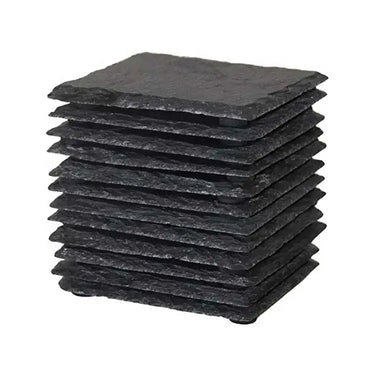 Stack of 4-inch black slate coasters showcasing rustic edges and heat insulation for home or office use.