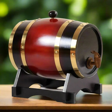 3L wooden wine barrel crafted from vintage oak in red and black with decorative gold bands, perfect for aging and enhancing wine flavors.