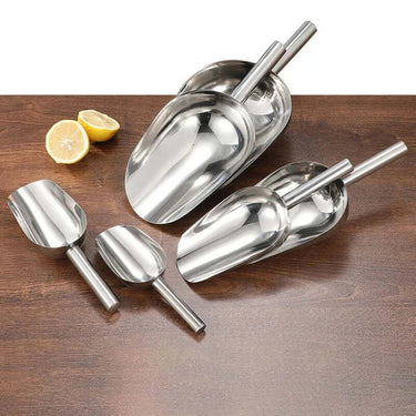 Stainless Steel Ice Scoop Set on Wooden Surface with Lemons