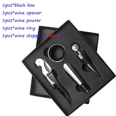 Stainless Steel 4 Piece Wine Opener Set in Black Gift Box with Wine Pourer, Wine Ring, and Wine Stopper