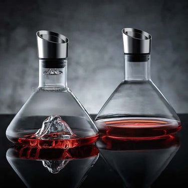 European lead-free crystal glass decanters with silver tops, elegantly displaying red liquid in a stylish bar setting.