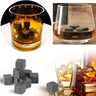 6pcs whisky stones displayed in glasses and a pile, ideal for chilling whiskey without dilution.