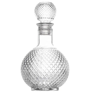 Elegant glass whiskey decanter with a textured round design and airtight stopper, perfect for showcasing and preserving your spirits.