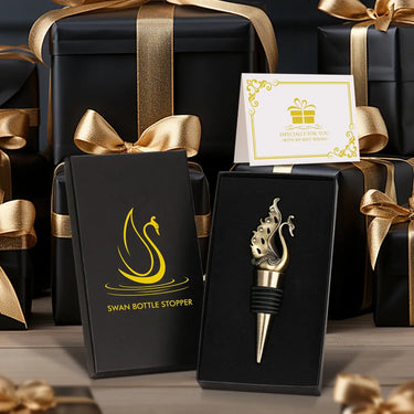 Exquisite Swan Wine Stopper in elegant black gift box with gold ribbons, perfect for sophisticated wine preservation and gifting.