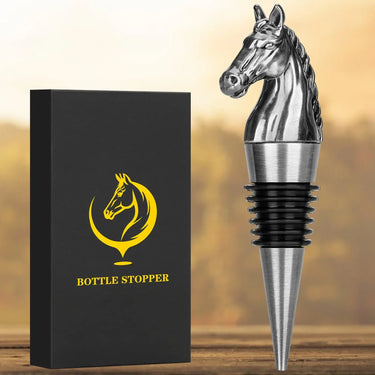 "Vintage Horse Head Wine Stopper with elegant design beside black packaging box"