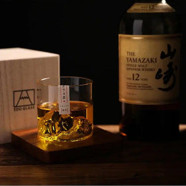 Japan 3D Mountain Whisky Glass with whisky, wooden box and Yamazaki 12-year single malt Japanese whisky bottle