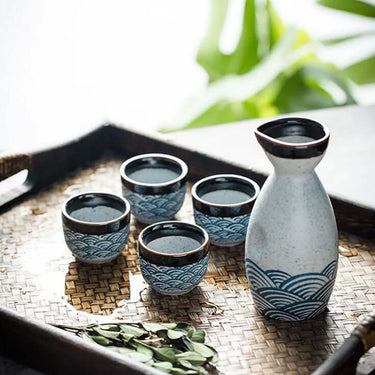 Japanese Waves Sake Set Ceramic with Decanter and Cups on Bamboo Tray