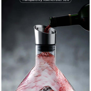 Lead-free crystal wine decanter pouring red wine, showcasing high transparency and elegant design.